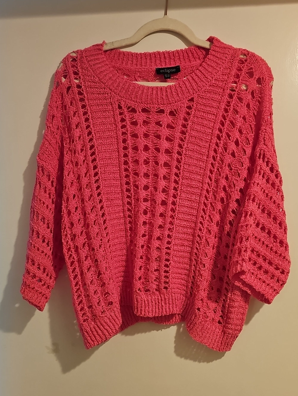 Eclipse Open-Weave Coral Pink Crewneck Sweater